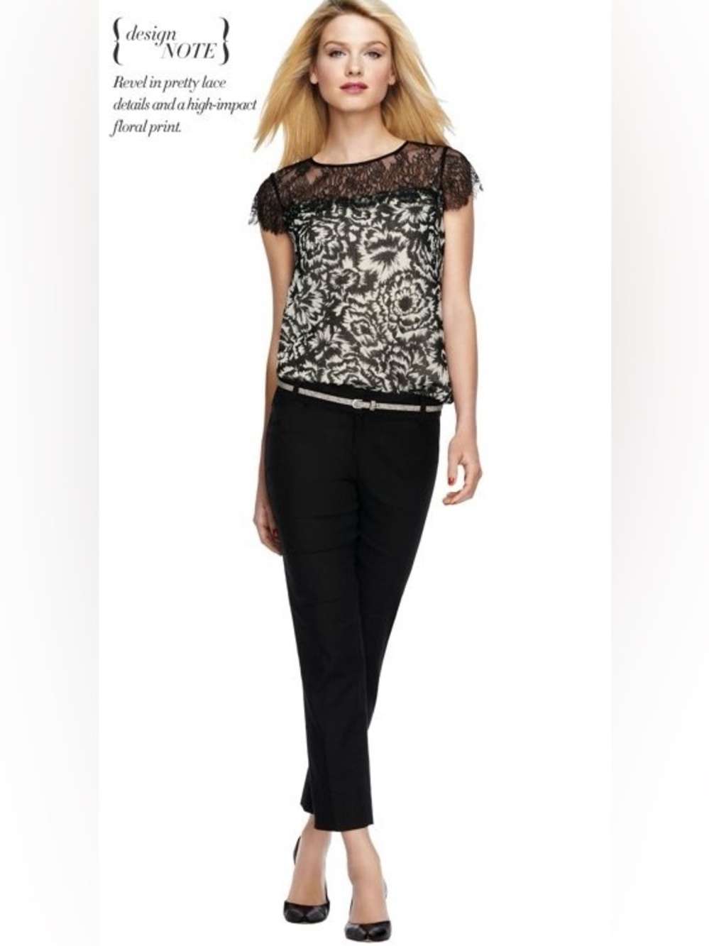 Ann Taylor Black & White Lace Floral Print Women's Bubble Hem Top Size LP